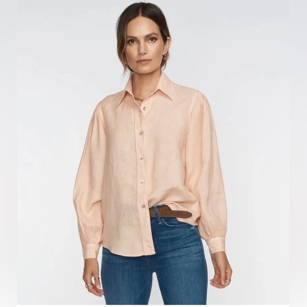 Self Contrast Peach 100% Linen Puff‎ Sleeve Button Down Shirt SCT-5869LN Small